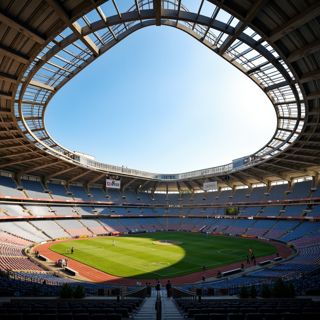 Prompt: Grand football stadium, majestic archways, sweeping curves, monumental entrances, dramatic lighting effects, vibrant team colors, lush green turf, athletic tracks, modern sports facilities, sleek metal structures, cantilevered roofs, angular lines, dynamic shapes, atmospheric misting systems, warm sunny day, soft natural light, shallow depth of field, 3/4 composition, panoramic view, realistic textures, ambient occlusion.