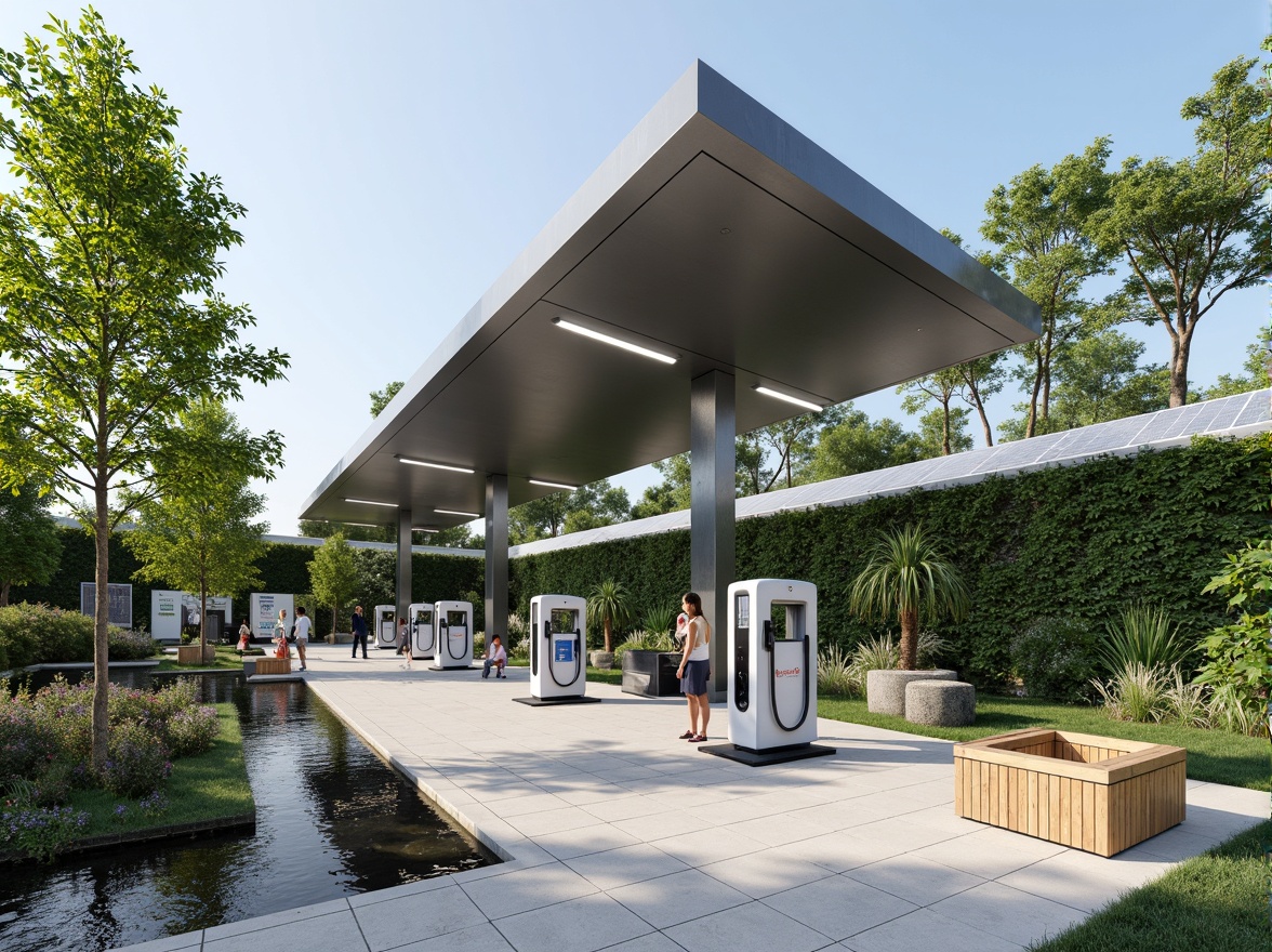 Prompt: Electric vehicle charging station, futuristic design, sleek metal canopy, solar panels, green roofs, living walls, lush vegetation, natural stone flooring, modern LED lighting, shallow water features, wooden benches, educational signs, EV charging points, minimalist architecture, angular lines, sustainable energy solutions, eco-friendly materials, innovative cooling technologies, shaded outdoor spaces, misting systems, panoramic view, realistic textures, ambient occlusion.Please let me know if this meets your requirements.