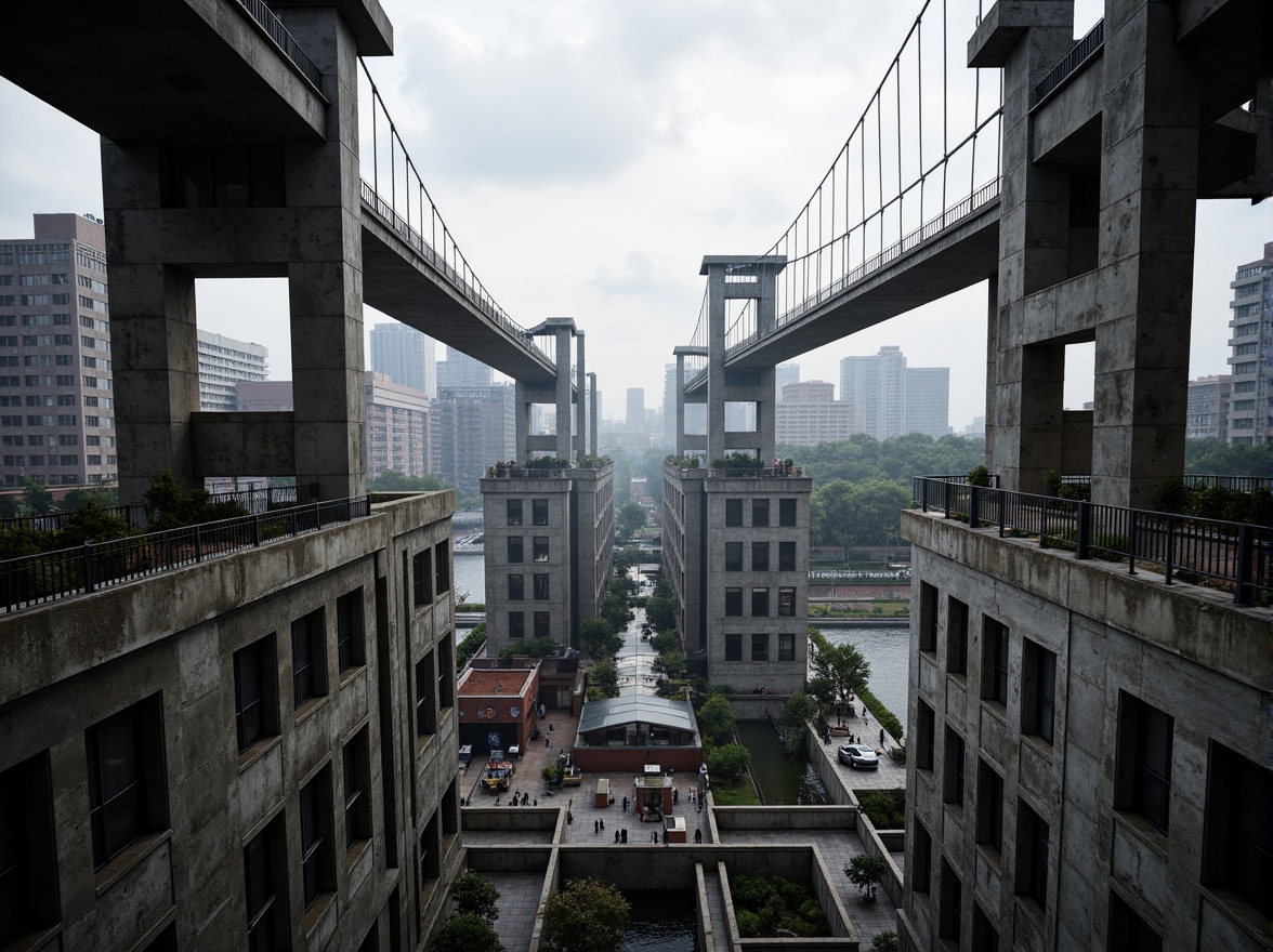 Prompt: Reinforced concrete foundations, sturdy steel beams, robust columns, angular arches, cantilevered roofs, dynamic tension cables, suspended walkways, modular construction, geometric patterns, industrial materials, brutalist architecture, urban cityscape, overcast sky, dramatic lighting, high contrast shadows, 1/1 composition, symmetrical framing, realistic rendering, ambient occlusion.