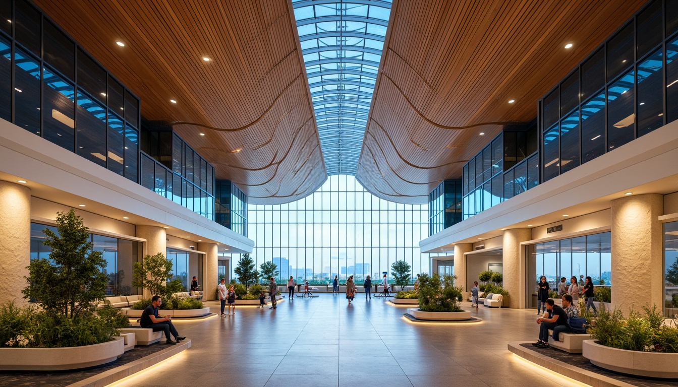 Prompt: Vibrant airport terminal, futuristic architecture, curved lines, gleaming metal surfaces, large glass windows, warm beige stone walls, calming blue accents, soothing greenery, natural wood tones, comfortable seating areas, dynamic LED lighting, soft warm ambiance, shallow depth of field, 1/2 composition, panoramic view, realistic textures, ambient occlusion.