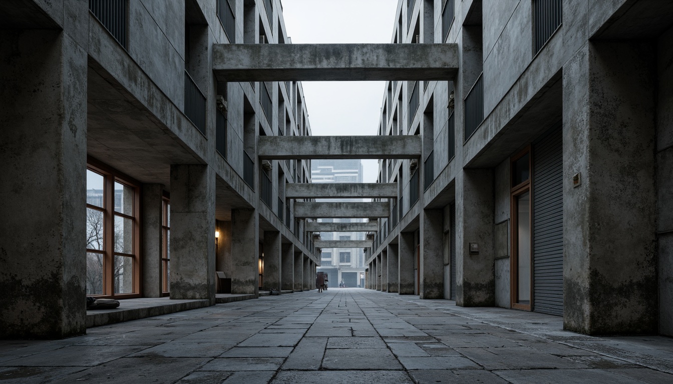 Prompt: Rough-hewn concrete walls, exposed ductwork, industrial steel beams, weathered metal cladding, brutalist architecture, rugged stone flooring, cold grey tones, urban cityscape, overcast skies, dramatic shadows, high-contrast lighting, cinematic composition, detailed texture mapping, realistic material responses, atmospheric fog, diffuse softbox lighting, 2.5D perspective, abstract expressionist art influences.