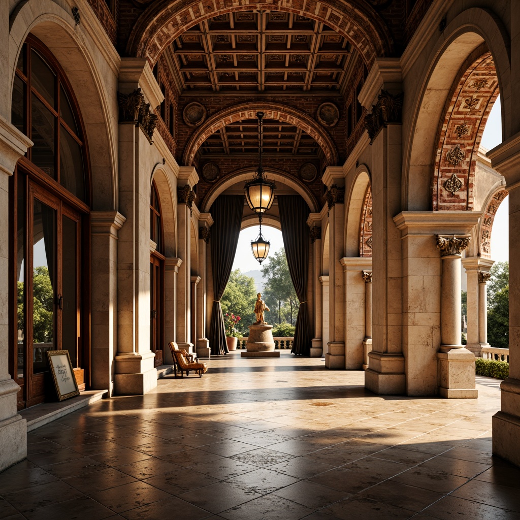 Prompt: Renaissance-style palazzo, ornate stone carvings, rustic brick facades, grand archways, intricate marble floors, vaulted ceilings, ornamental columns, luxurious velvet drapes, gilded accents, warm golden lighting, soft focus, 1/2 composition, dramatic shadows, high contrast, realistic textures, ambient occlusion.