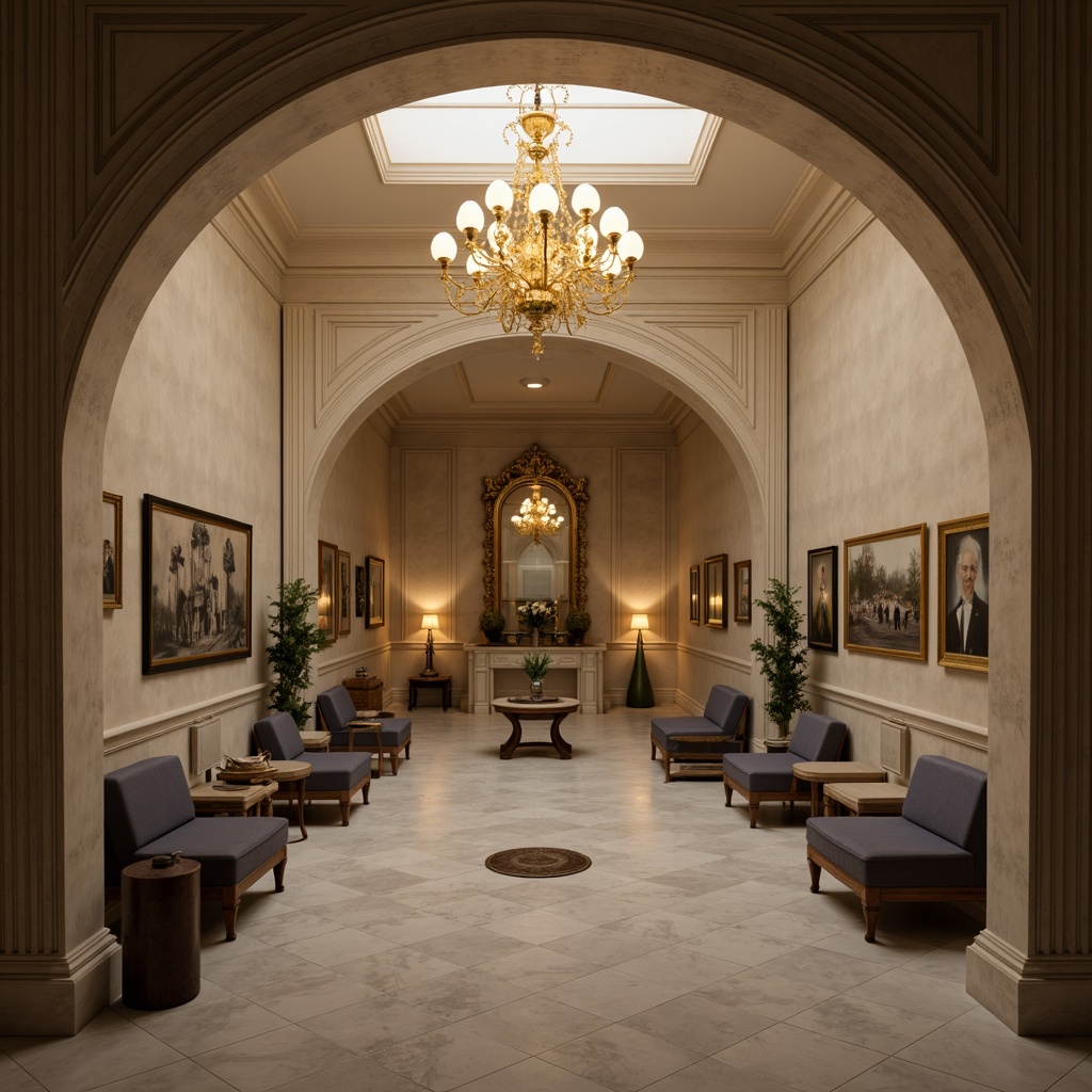 Prompt: Elegant memorial hall, solemn atmosphere, soft warm lighting, minimalist decor, neutral color palette, polished marble floors, grand chandelier, comfortable seating areas, intimate alcoves, vintage photographs, antique furniture, ornate mirrors, subtle textures, shallow depth of field, 1/1 composition, realistic rendering, ambient occlusion, quiet contemplation.