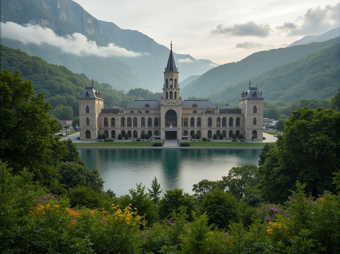 Prompt: Majestic gothic stadium, sprawling green landscape, rolling hills, serene lakeside, misty morning atmosphere, vibrant wildflowers, lush trees, natural stone walls, intricate gargoyles, grand arches, pointed towers, ribbed vaults, stunning stained glass windows, dramatic spotlights, low-angle photography, cinematic composition, atmospheric depth of field, 2.35