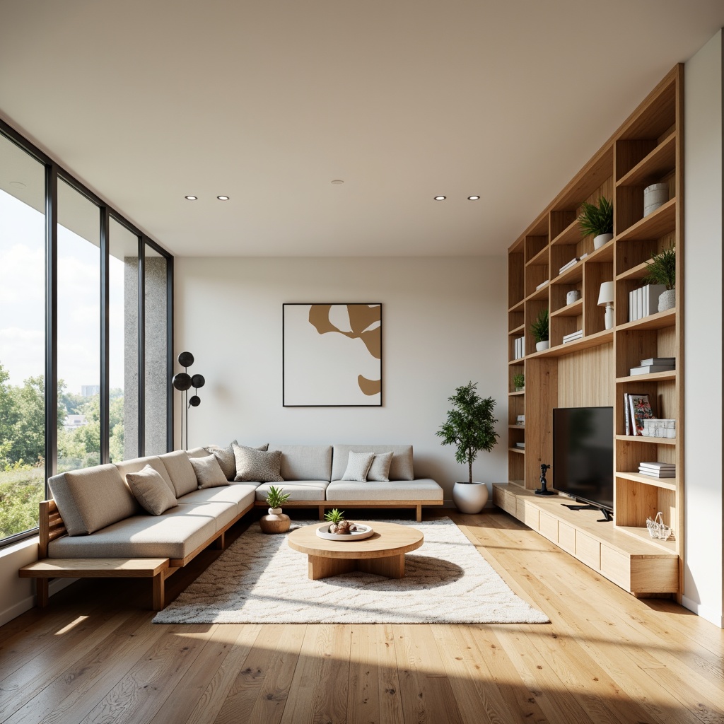 Prompt: Minimalist living room, neutral color palette, natural wood flooring, sleek low-profile furniture, functional storage units, floor-to-ceiling windows, abundant daylight, soft warm lighting, cozy reading nook, comfortable sectional sofa, geometric patterned rug, decorative plants, modern wall art, subtle textures, 1/1 composition, realistic rendering, ambient occlusion.