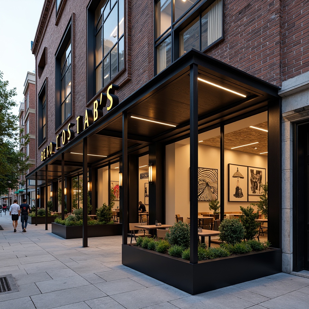 Prompt: Industrial-chic coffee shop facade, exposed brick walls, metal beams, reclaimed wood accents, large steel windows, minimalist signage, urban cityscape background, bustling street atmosphere, warm golden lighting, shallow depth of field, 1/1 composition, realistic textures, ambient occlusion, constructivist-inspired geometric patterns, bold black and white color scheme, abstract artwork installations, modern outdoor seating area, greenery planters, concrete pavement.