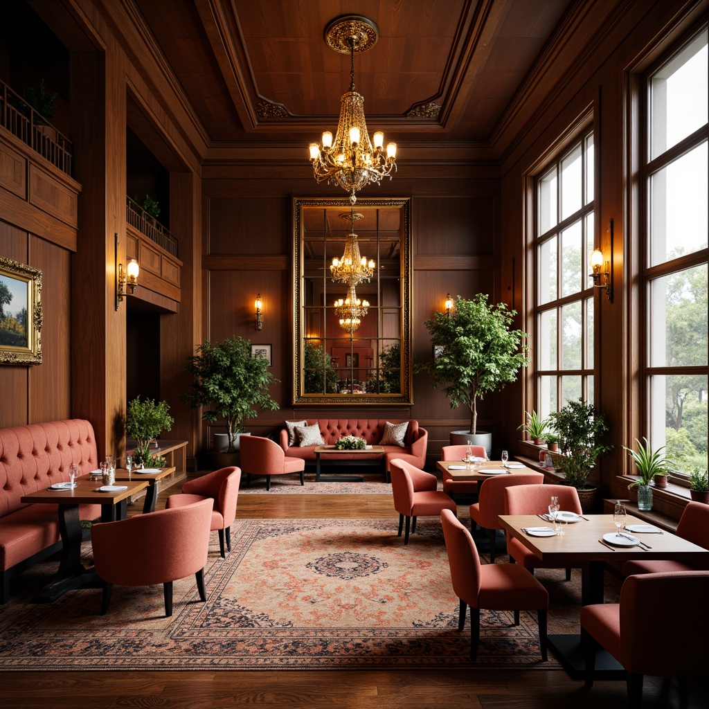 Prompt: Cozy dining area, warm wood tones, plush carpets, elegant chandeliers, luxurious fabrics, refined furniture pieces, sophisticated color palette, intimate seating arrangements, ornate mirrors, decorative wall art, floor-to-ceiling windows, natural light pouring in, soft ambient glow, 1/1 composition, shallow depth of field, realistic textures, ambient occlusion.