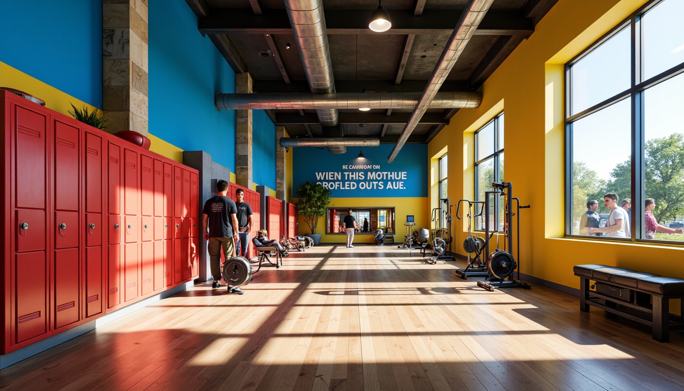 Prompt: Vibrant gym interior, bright blue walls, energetic yellow accents, bold red lockers, polished wood floors, modern sports equipment, motivational quotes, natural stone columns, sleek metal beams, large windows, abundant natural light, soft warm lighting, shallow depth of field, 3/4 composition, realistic textures, ambient occlusion.