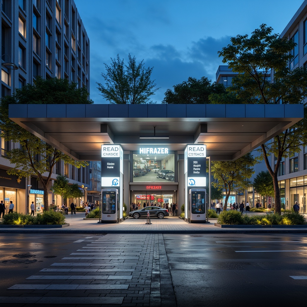 Prompt: Modern charging station facade, sleek metal panels, LED lighting strips, futuristic aesthetic, electric vehicle branding, urban landscape, city streets, morning sunlight, shallow depth of field, 1/2 composition, realistic reflections, ambient occlusion, green roofs, eco-friendly materials, innovative ventilation systems, minimalist design, angular lines, geometric patterns, neon signage, night scene, moody lighting.