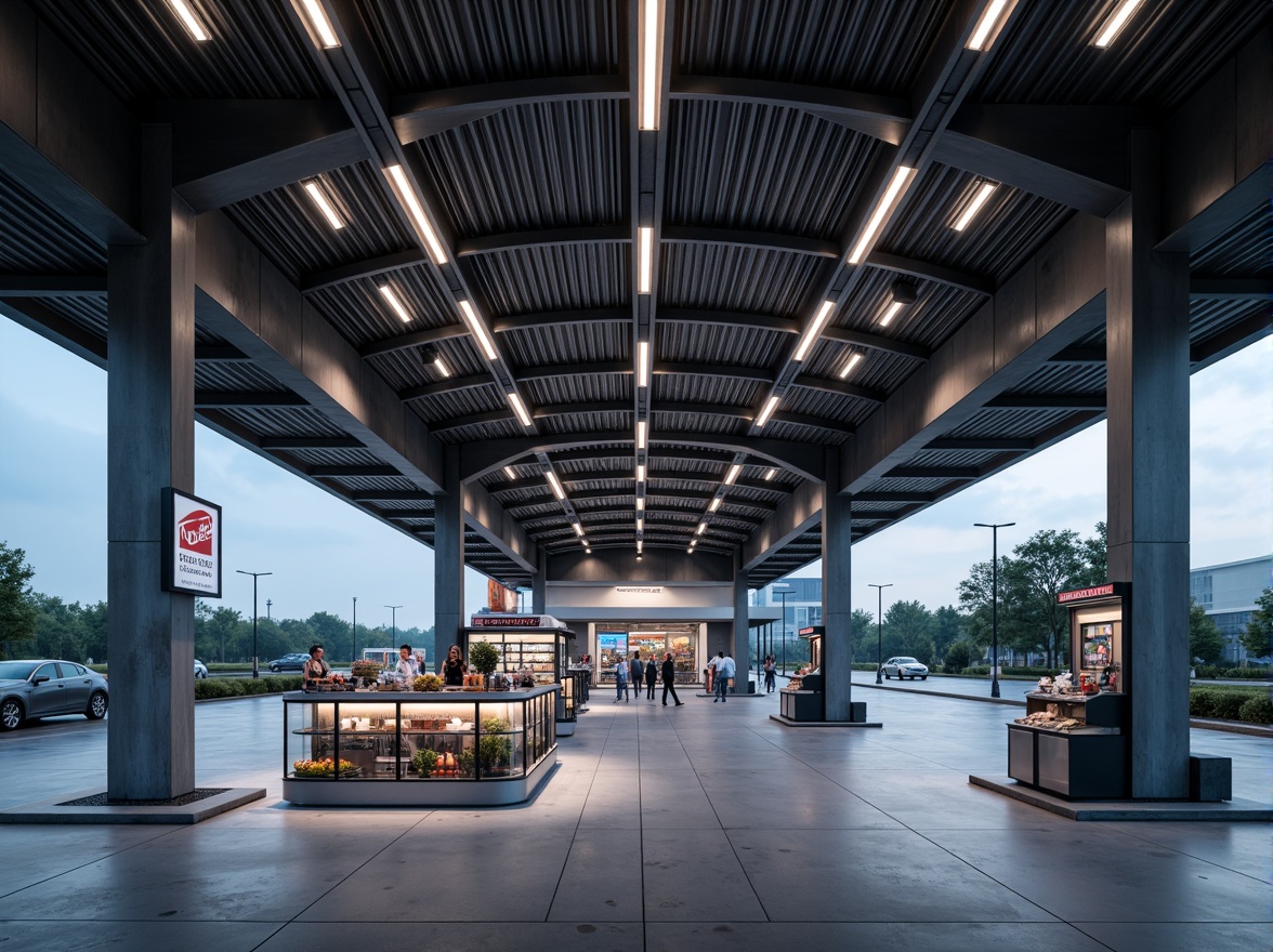 Prompt: Modern gas station interior, vaulted ceilings, exposed ductwork, industrial-style lighting fixtures, polished concrete floors, sleek metal counters, minimalist product displays, neon signage, futuristic atmosphere, soft ambient lighting, shallow depth of field, 1/2 composition, realistic textures, ambient occlusion.