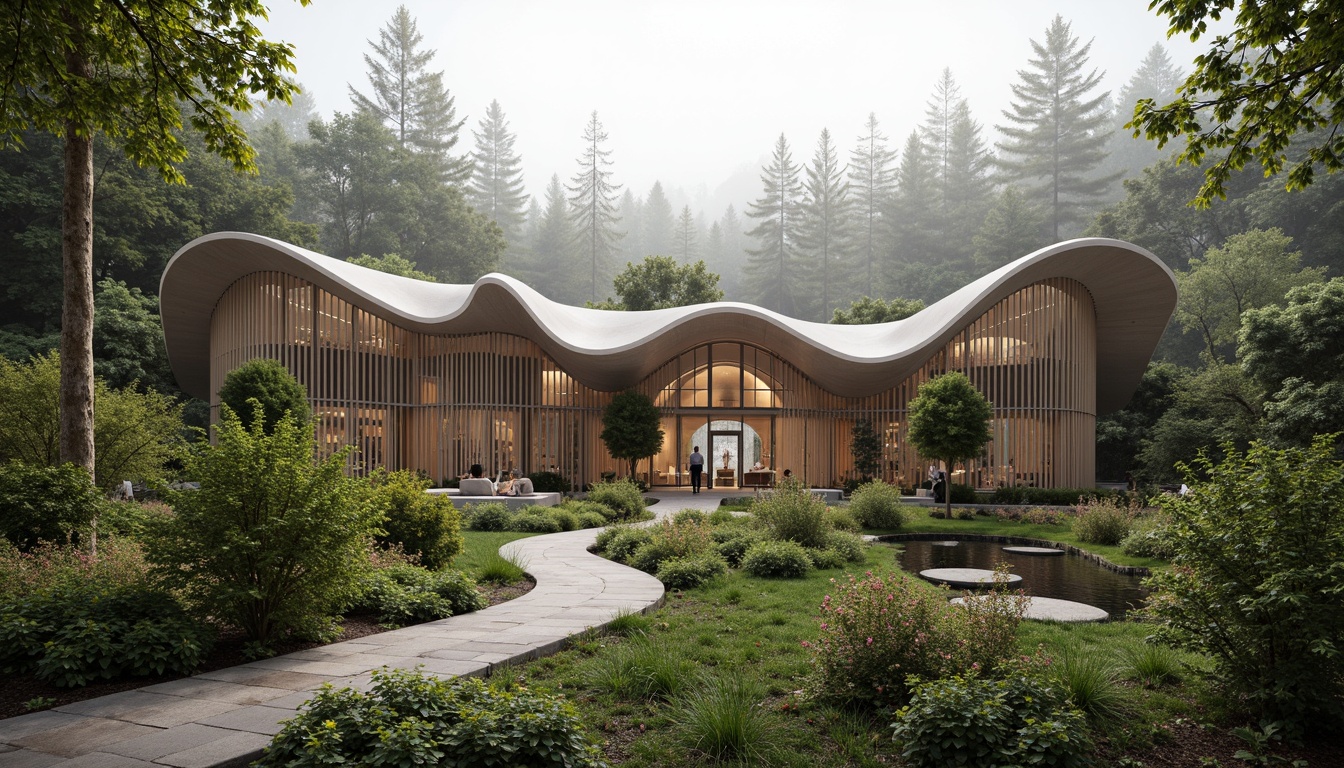 Prompt: Undulating visitor center, curved lines, flowing shapes, organic architecture, natural materials, reclaimed wood accents, living green walls, cantilevered roofs, panoramic views, surrounding forest landscape, misty morning atmosphere, soft diffused lighting, 1/2 composition, wide-angle lens, vibrant foliage, earthy tones, natural stone pathways, meandering walkways, interpretive exhibits, interactive displays, immersive experiences.