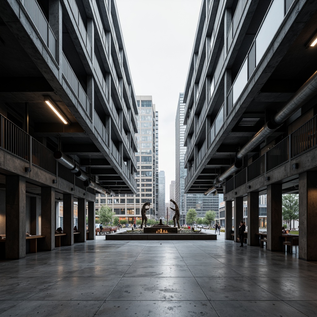 Prompt: Industrial steel-framed building, minimalist design, open floor plan, exposed ductwork, polished concrete floors, metal beams, functional pipes, urban cityscape, overcast sky, dramatic lighting, high ceilings, rectangular windows, brutalist architecture, reinforced steel structures, cantilevered roofs, abstract sculptures, monochromatic color scheme, geometric patterns, 3/4 composition, shallow depth of field, cinematic atmosphere.