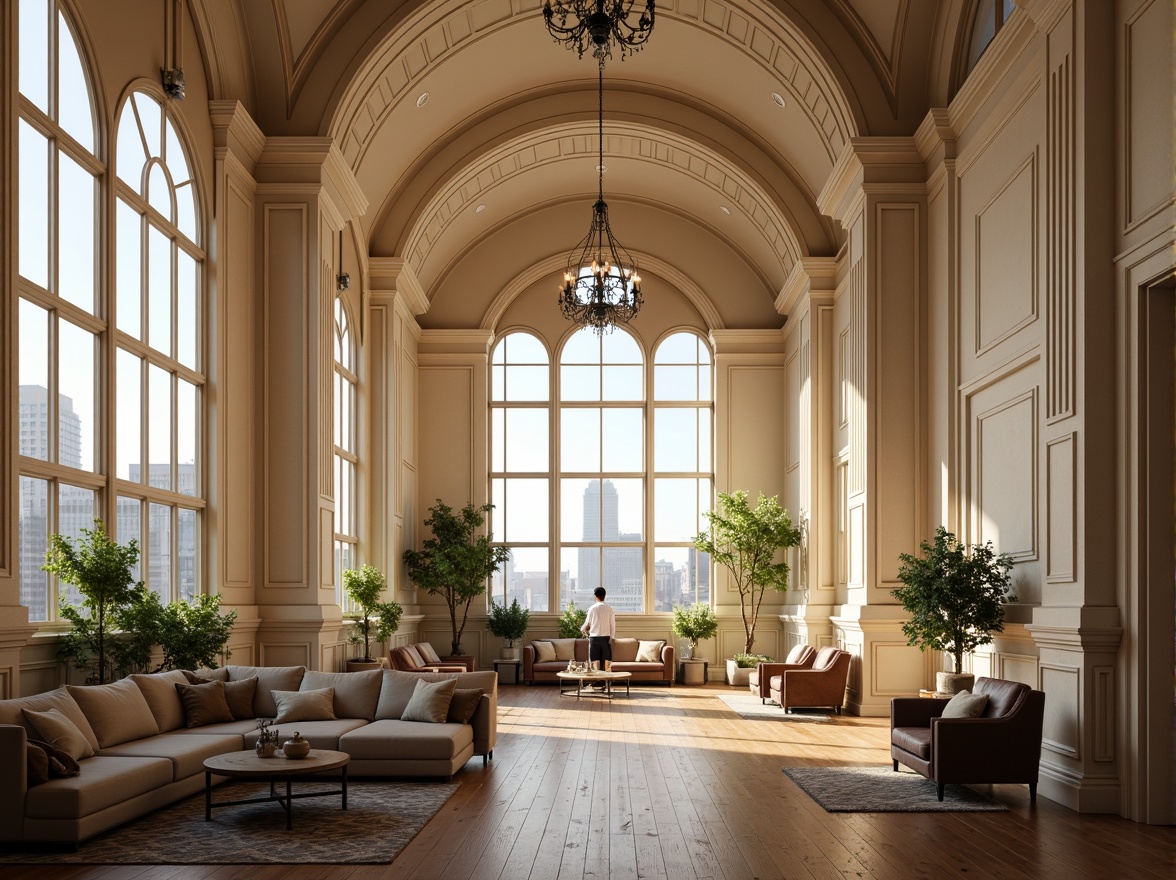 Prompt: Grandiose loft, high ceilings, ornate moldings, elegant archways, cream-colored walls, polished wooden floors, luxurious furnishings, lavish chandeliers, abundant natural light, floor-to-ceiling windows, urban cityscape views, soft warm lighting, atmospheric ambiance, shallow depth of field, 1/2 composition, realistic textures, ambient occlusion.