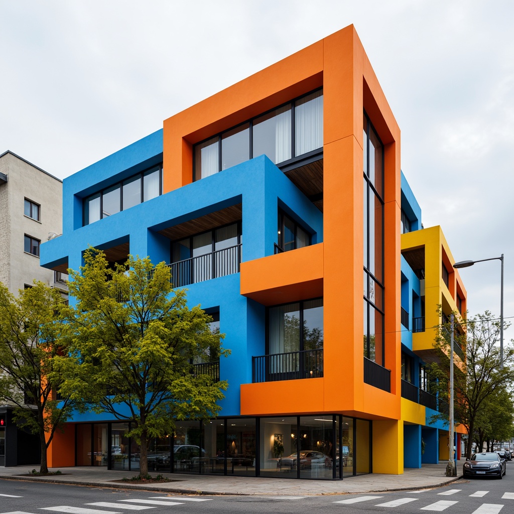 Prompt: Vibrant modern architecture, bold primary colors, geometric shapes, functional simplicity, industrial materials, exposed ductwork, minimalist ornamentation, asymmetrical compositions, clean lines, rectangular forms, steel beams, concrete textures, urban cityscape, cloudy day, soft diffused lighting, shallow depth of field, 1/1 composition, realistic reflections.