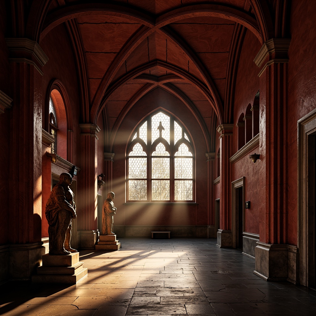 Prompt: Rich maroon stone walls, ornate Gothic arches, ribbed vaulted ceilings, stained glass windows, intricate carvings, mysterious shadows, warm golden lighting, dramatic chiaroscuro, grandiose entrance doors, imposing pillars, weathered statues, mystical atmosphere, foggy misty day, atmospheric perspective, cinematic composition, detailed textures, subtle ambient occlusion.