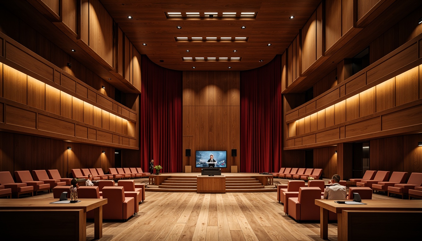 Prompt: Intimate auditorium, wooden acoustic panels, sound-absorbing materials, curved lines, minimalist decor, professional audio equipment, spotlights, tiered seating, luxurious velvet curtains, polished wood flooring, warm ambient lighting, shallow depth of field, 1/2 composition, realistic textures, soft focus effect.