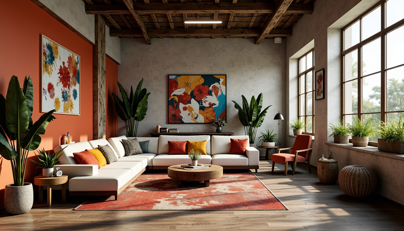 Prompt: Vibrant artistic studio, eclectic furniture, abstract artwork, bold color blocking, contrasting textures, metallic accents, warm neutral backgrounds, rich jewel tones, pastel hues, creamy whites, soft natural lighting, atmospheric shadows, cinematic composition, dramatic focal points, stylized typography, creative freedom.