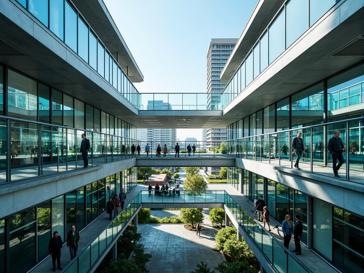 Prompt: Glass bridges, sleek metal railings, transparent walkways, modernist architectural style, industrial materials, functional minimalism, geometric shapes, abstract patterns, vibrant primary colors, urban cityscape, sunny day, soft warm lighting, shallow depth of field, 3/4 composition, panoramic view, realistic textures, ambient occlusion.