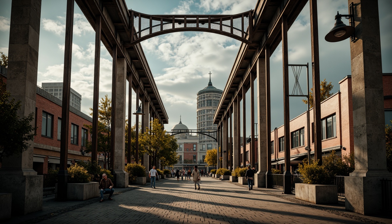 Prompt: Rustic wooden piers, ornate metal trusses, curved stone arches, suspended cable systems, vintage lamp posts, eclectic mix of materials, distressed finishes, industrial chic aesthetic, urban cityscape backdrop, moody cloudy skies, warm golden lighting, shallow depth of field, 2/3 composition, cinematic atmosphere, realistic textures, ambient occlusion.