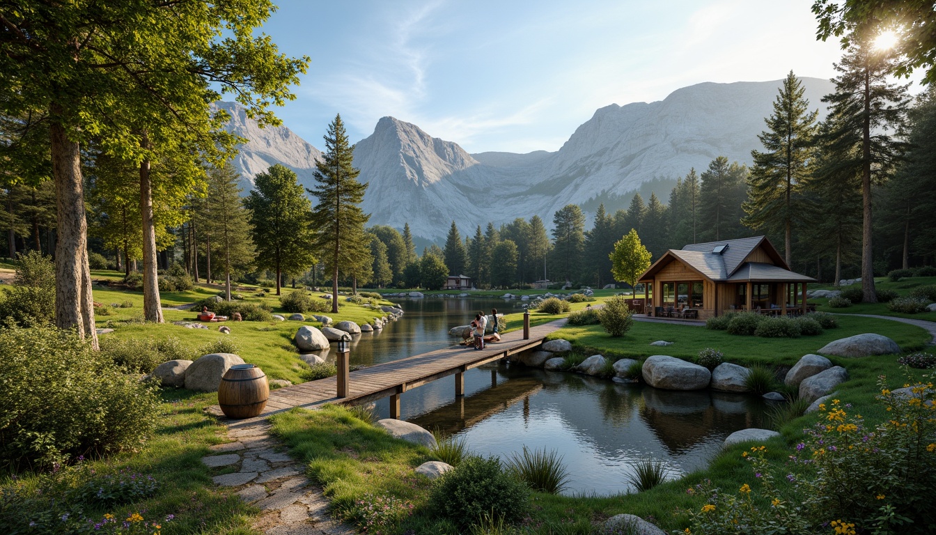 Prompt: Sweeping hills, lush green forests, serene lakeside, rugged rock formations, meandering streams, rustic wooden bridges, natural stone pathways, eco-friendly cabins, solar-powered lanterns, organic gardens, blooming wildflowers, warm golden lighting, shallow depth of field, 1/2 composition, panoramic view, realistic textures, ambient occlusion.