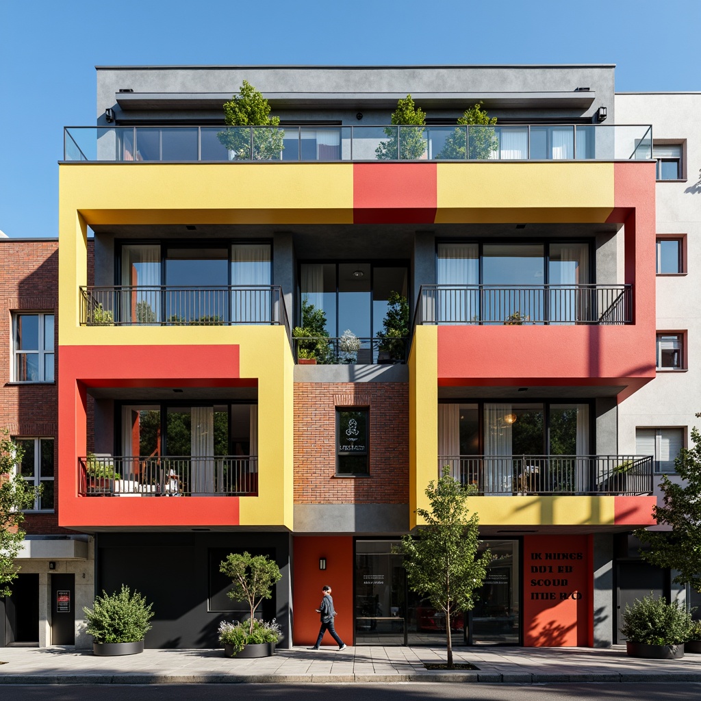 Prompt: Geometric hostel fa\u00e7ade, asymmetrical composition, rectangular windows, industrial metal frames, functionalist design, minimalist ornamentation, bold color blocking, primary color accents, raw concrete walls, exposed brick textures, steel beams, cantilevered balconies, abstract typography, modernist signage, urban cityscape, morning sunlight, high-contrast shadows, deep depth of field, 2/3 composition, symmetrical framing, realistic materials, ambient occlusion.