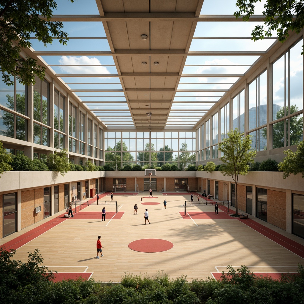 Prompt: Spacious gymnasium interior, high ceilings, clerestory windows, natural light pouring in, athletic tracks, basketball courts, volleyball nets, exercise equipment, wooden flooring, mirrored walls, modern architecture, large skylights, transparent roof panels, green roofs, lush vegetation, sunny day, soft warm lighting, shallow depth of field, 3/4 composition, panoramic view, realistic textures, ambient occlusion.