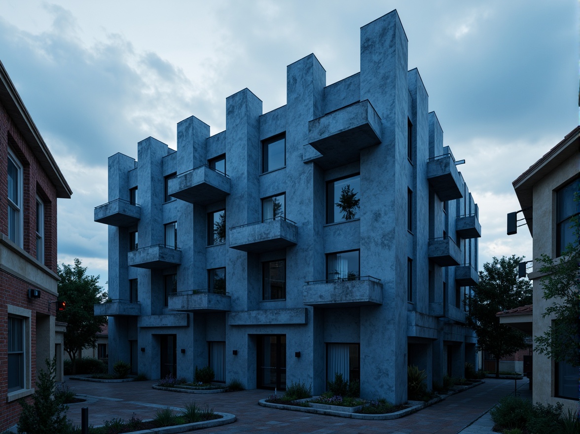 Prompt: Navy blue brutalist building facade, rugged concrete textures, bold geometric shapes, fortress-like structures, industrial metal accents, dramatic cantilevered roofs, atmospheric misting systems, moody cloudy skies, strong contrasting shadows, cinematic wide-angle shots, low-key lighting, 2.35