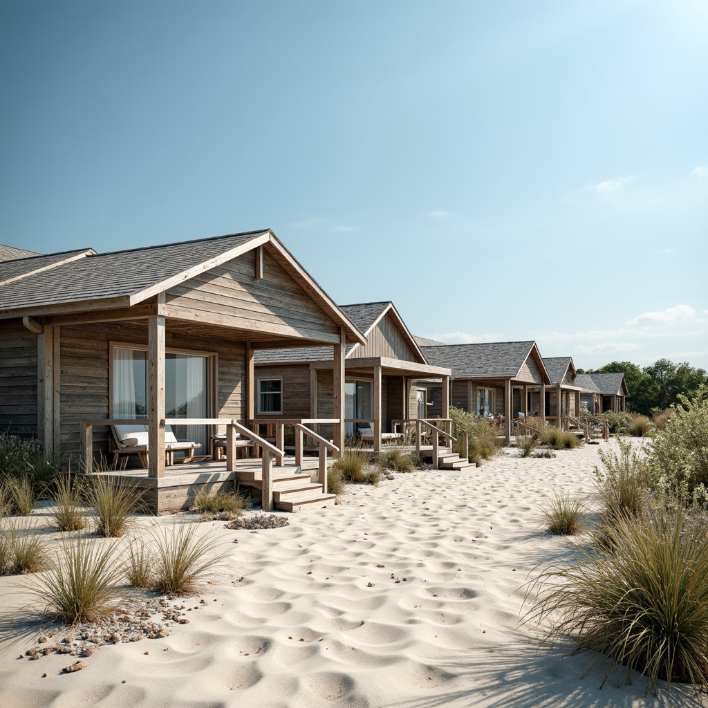 Prompt: Seaside beach houses, weathered wood textures, driftwood accents, ocean-inspired blues, sandy neutrals, coral pinks, seafoam greens, salty mist atmosphere, warm sunny day, soft gentle lighting, shallow depth of field, 3/4 composition, panoramic view, realistic textures, ambient occlusion.