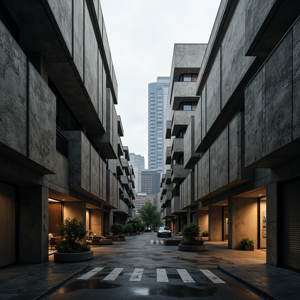 Prompt: Raw concrete buildings, rugged textures, fortress-like structures, dramatic cantilevered roofs, brutalist columns, industrial materials, urban cityscape, overcast sky, soft diffused natural light, warm ambient illumination, deep shadows, 3/4 composition, low-angle shot, gritty realistic textures, atmospheric perspective.