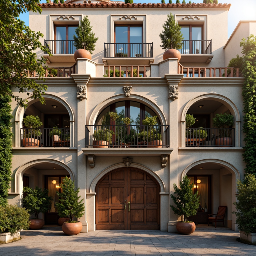 Prompt: Grand Renaissance restaurant facade, ornate stone carvings, classical arches, symmetrical columns, rusticated quoins, grand entrance, wooden double doors, bronze door handles, stained glass windows, balconies with iron railings, red terracotta roof tiles, lush greenery, potted plants, soft warm lighting, afternoon sun, 1/2 composition, shallow depth of field, realistic textures, ambient occlusion.