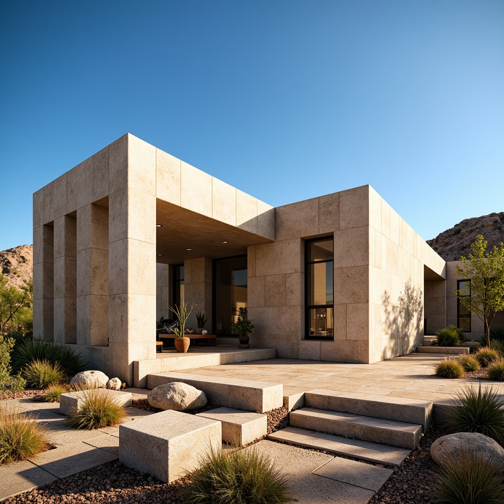 Prompt: Exterior thermal mass walls, natural stone cladding, exposed concrete structures, minimalist modern architecture, passive solar design, large south-facing windows, clerestory windows, natural ventilation systems, earthy color palette, organic textures, desert landscape, cactus plants, hot sunny day, clear blue sky, vast open space, brutalist design elements, industrial chic aesthetic, ambient occlusion, soft warm lighting, shallow depth of field, 3/4 composition, panoramic view.