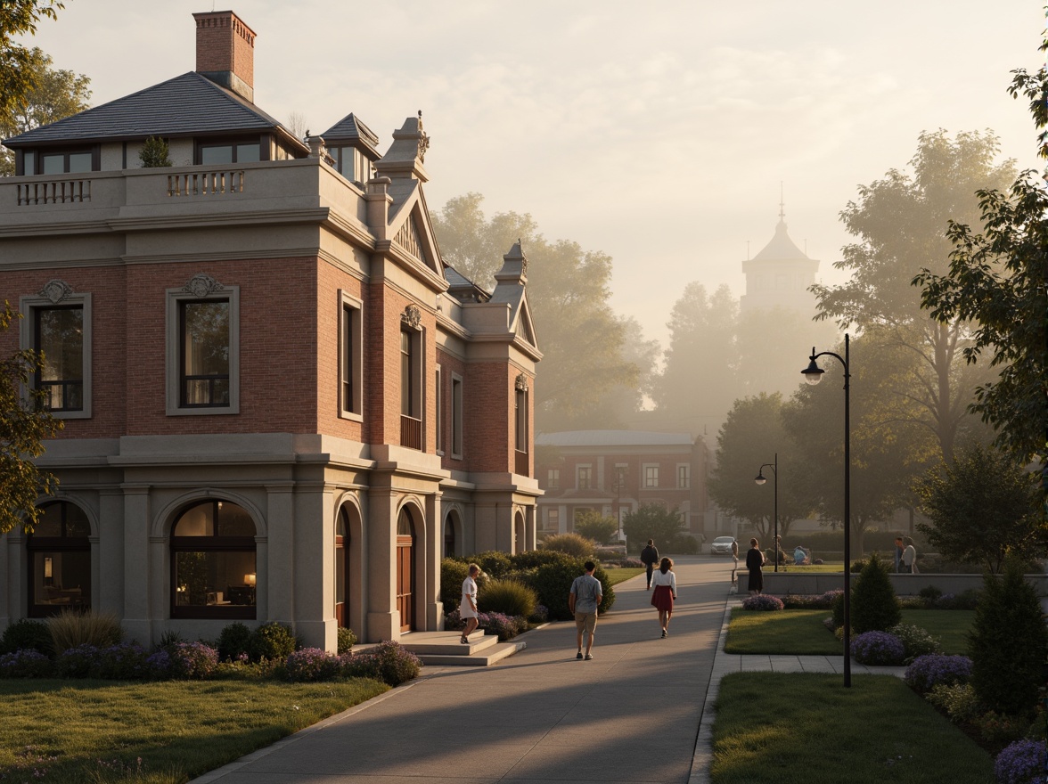 Prompt: Industrial landscape, misty atmosphere, rustic brick buildings, classical arches, ornate stone carvings, grand entrance gates, manicured lawns, mature trees, winding roads, vintage lamp posts, classicist fa\u00e7ade, symmetrical composition, warm golden lighting, soft focus, shallow depth of field, 2/3 composition, realistic textures, ambient occlusion, site-specific integration, energy-efficient systems, green roofs, solar panels, wind turbines, water conservation systems, eco-friendly materials.