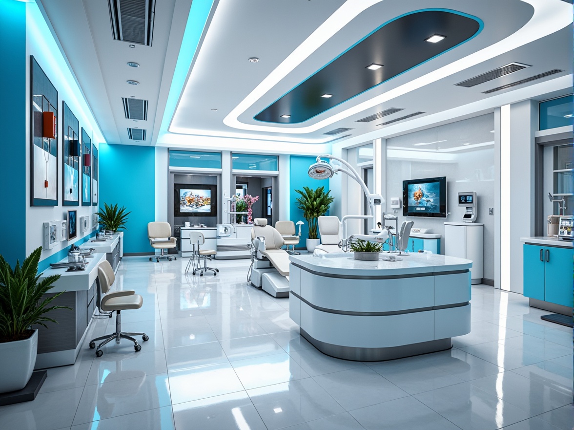 Prompt: Futuristic dental clinic, sleek metallic surfaces, neon blue accents, crisp white walls, polished chrome fixtures, high-gloss floors, minimalist decor, advanced medical equipment, 3D printing technology, virtual reality displays, sterile atmosphere, softbox lighting, shallow depth of field, 1/2 composition, panoramic view, realistic textures, ambient occlusion.