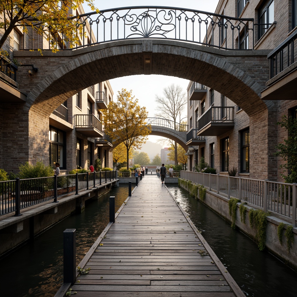 Prompt: Rustic metal arches, reclaimed wooden planks, ornate iron railings, eclectic stone piers, vintage lampposts, distressed brick abutments, curved steel beams, industrial-style suspension cables, intricate Gothic-inspired tracery, weathered copper accents, moss-covered stonework, serene water reflections, soft misty lighting, warm golden hour, shallow depth of field, 1/2 composition, realistic textures, ambient occlusion.