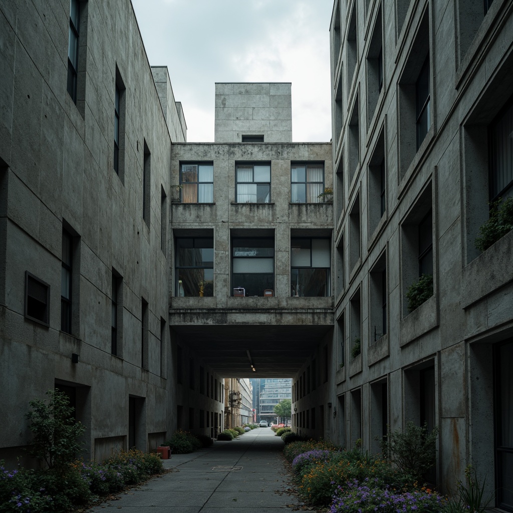 Prompt: Rugged concrete walls, exposed ductwork, raw industrial textures, brutalist architecture, fortress-like structures, dramatic natural lighting, stark shadows, bold geometric forms, monumental scale, urban cityscape, overcast sky, moody atmospheric effects, high-contrast photography, cinematic composition, shallow depth of field, 2/3 rule, gritty realistic render.