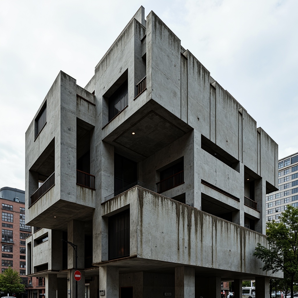 Prompt: Rugged brutalist building, exposed concrete framework, raw unfinished surfaces, bold geometric forms, fortress-like architecture, dramatic cantilevered sections, industrial materials, metallic beams, weathered steel accents, urban cityscape, overcast sky, strong directional lighting, high contrast shadows, 1/2 composition, close-up shots, gritty realistic textures, ambient occlusion.