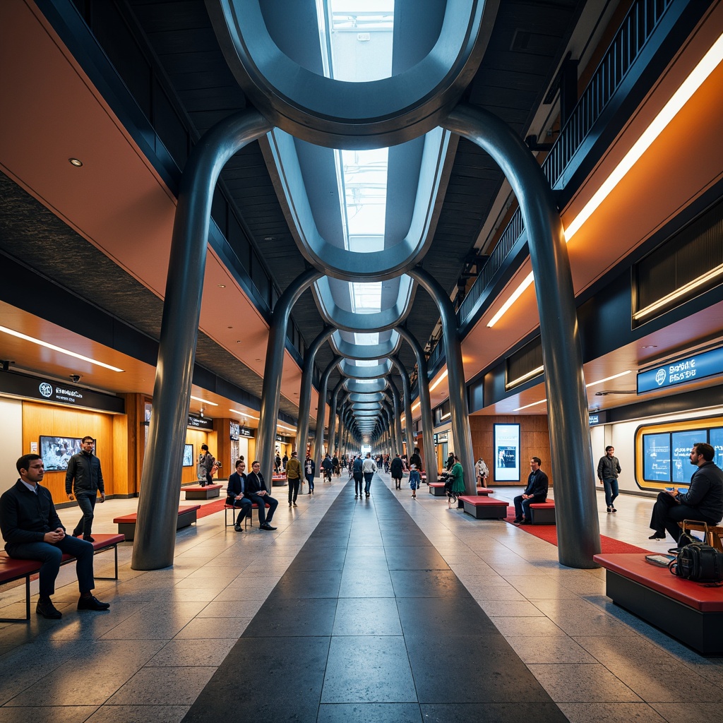 Prompt: Modern metro station interior, sleek metallic pillars, flowing curves, futuristic LED lighting, polished granite floors, vibrant color accents, dynamic signage systems, comfortable seating areas, natural stone walls, spacious platforms, efficient crowd flow management, subtle ambient sounds, soft warm lighting, shallow depth of field, 3/4 composition, realistic textures, ambient occlusion.