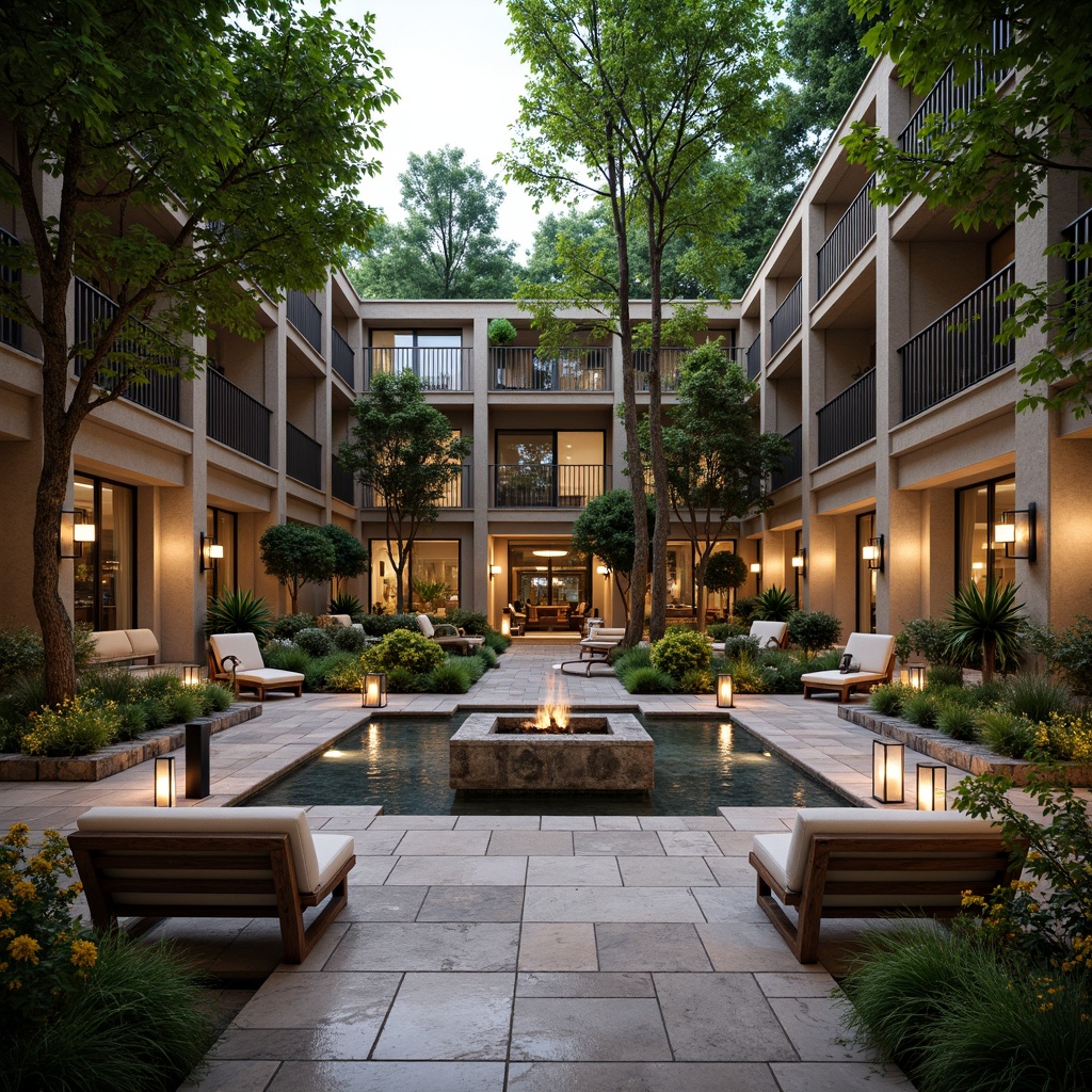 Prompt: Welcoming hotel courtyard, lush greenery, vibrant flowers, elegant water features, comfortable outdoor seating, rustic wooden benches, modern lanterns, warm string lighting, natural stone pathways, decorative planters, lavish fountains, tranquil ambiance, soft background music, shallow depth of field, 1/1 composition, realistic textures, ambient occlusion.