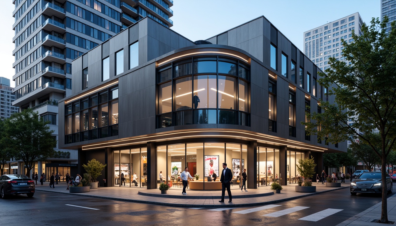 Prompt: Futuristic dental clinic facade, metallic cladding, LED lighting strips, minimalist lines, angular shapes, glass curtain walls, automated sliding doors, sleek aluminum frames, high-gloss finishes, bold color accents, urban cityscape, morning light, shallow depth of field, 1/1 composition, realistic reflections, ambient occlusion.