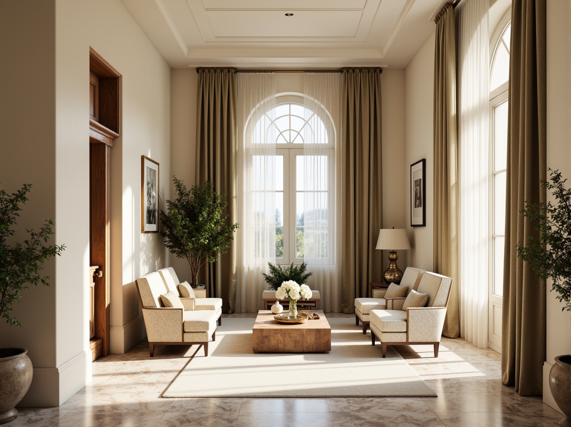 Prompt: Soft cream walls, warm beige columns, rich walnut wood furniture, ornate gold accents, delicate floral patterns, muted sage greenery, elegant marble flooring, subtle ivory textures, refined bronze hardware, sophisticated velvet drapes, gentle natural light, soft focus, 1/1 composition, warm color temperature, realistic reflections, intricate architectural details.