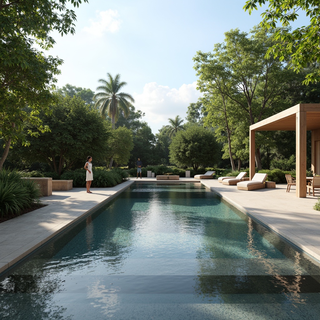 Prompt: Sleek minimalist pool, crystal clear water, subtle waterfall, gentle streams, natural stone surround, wooden decking, modern lounge chairs, lush greenery, tropical plants, warm sunny day, soft diffused lighting, shallow depth of field, 1/1 composition, realistic reflections, ambient occlusion.