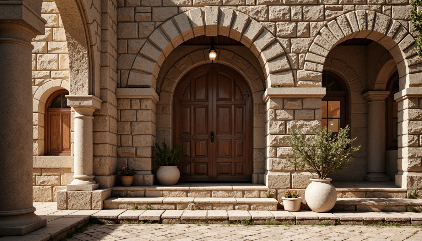 Prompt: Rustic stone walls, exposed brick facades, ornate archways, decorative columns, grand entranceways, weathered stone textures, earthy color palette, traditional building techniques, ornamental stonework, carved stone accents, mortared joints, aged patina, warm ambient lighting, shallow depth of field, 1/2 composition, realistic material rendering.