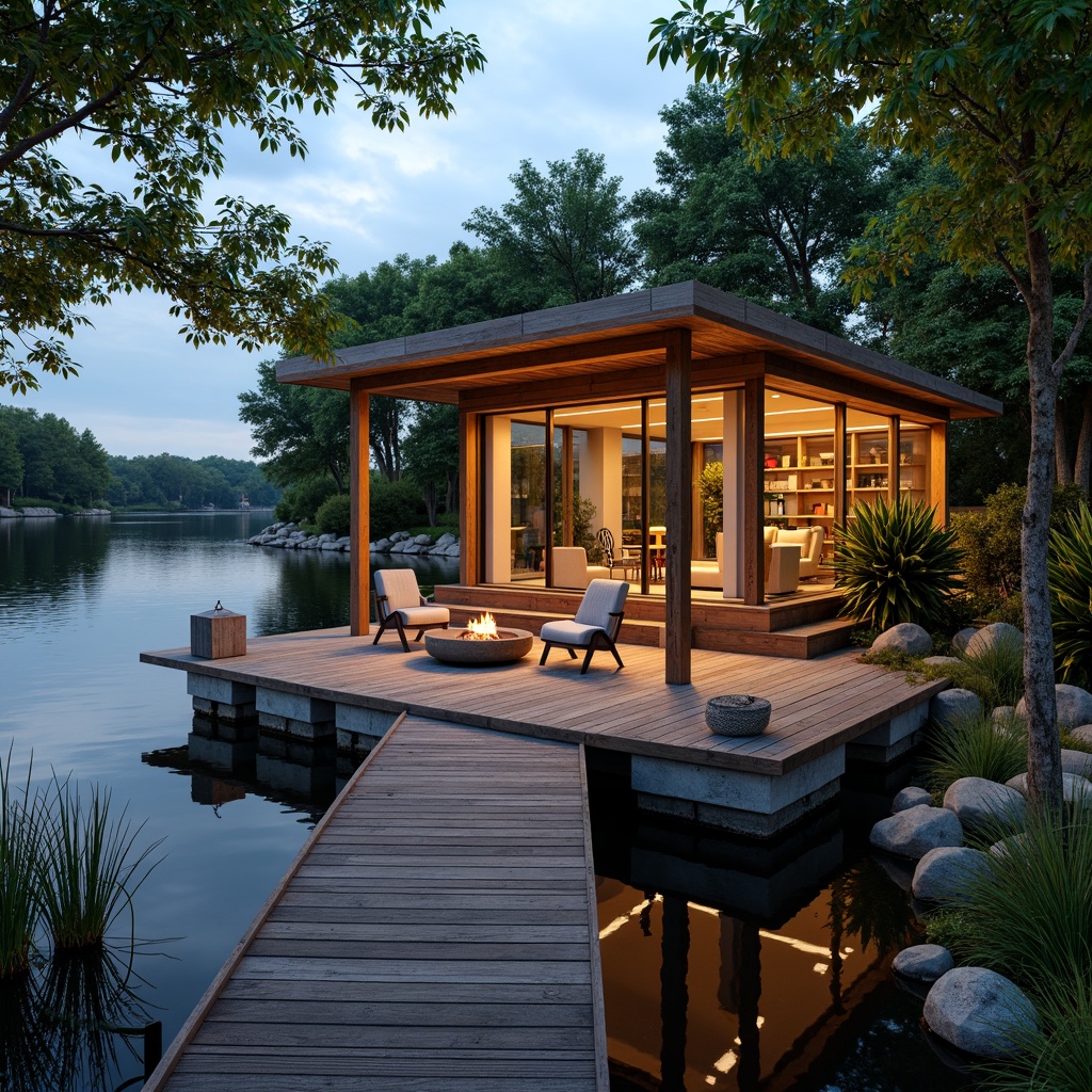 Prompt: Waterfront boathouse, rustic wooden dock, tranquil lake scenery, lush greenery surroundings, natural stone foundation, cedar wood siding, nautical-themed decorations, cozy interior ambiance, warm fire pit, comfortable outdoor seating, soft warm lighting, shallow depth of field, 3/4 composition, panoramic view, realistic textures, ambient occlusion.