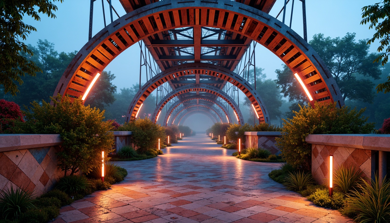 Prompt: Vibrant eclectic bridge, ornate steel arches, intricate stonework, colorful tile mosaics, rustic wooden accents, eclectic mix of materials, bold asymmetrical design, dynamic curves, irregular shapes, vibrant LED lighting, misty atmospheric effects, soft warm glow, shallow depth of field, 3/4 composition, panoramic view, realistic textures, ambient occlusion.