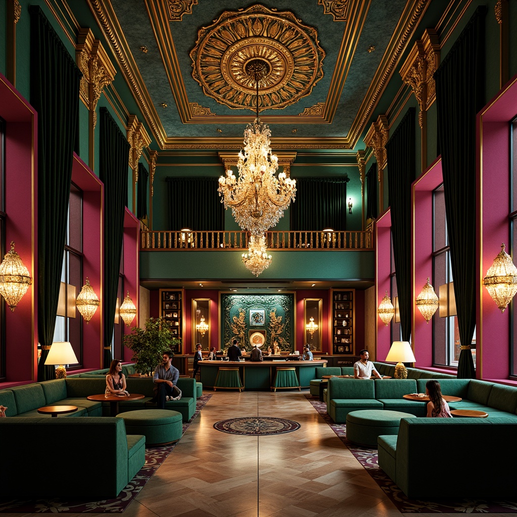 Prompt: \Opulent nightclub interior, Byzantine-inspired architecture, rich jewel-toned color palette, emerald green walls, sapphire blue ceilings, amethyst accents, gold leaf details, ornate mosaics, lavish chandeliers, velvet drapes, polished marble floors, intimate seating areas, VIP lounges, atmospheric lighting, warm golden glow, dramatic shadows, 1/2 composition, cinematic depth of field, realistic reflections, ambient occlusion.\