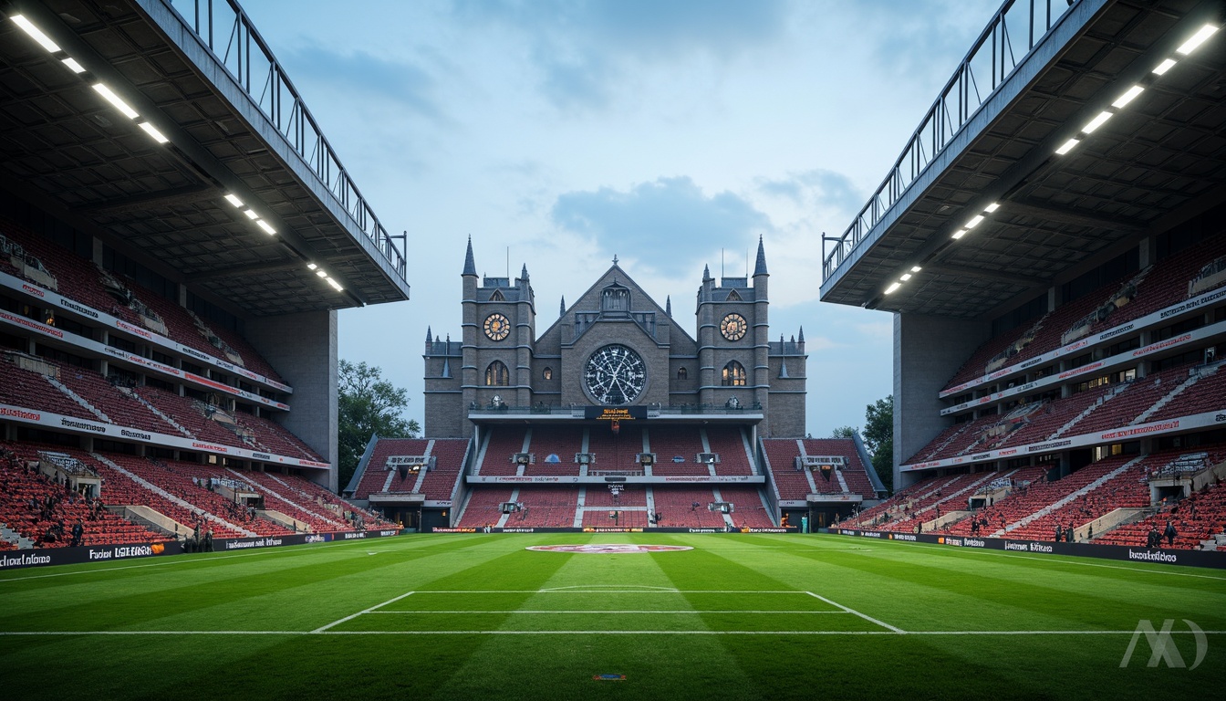 Prompt: Grandiose Gothic soccer stadium, intricate stone carvings, ribbed vaulted ceilings, pointed arches, stained glass windows, ornate ironwork, majestic clock towers, dramatic steeples, vibrant team colors, lush green grass, modern floodlights, misty evening atmosphere, shallow depth of field, 1/2 composition, realistic textures, ambient occlusion, dynamic lighting effects, detailed roof tiles, curved steel beams, innovative drainage systems, sustainable building materials, eco-friendly roofing solutions.