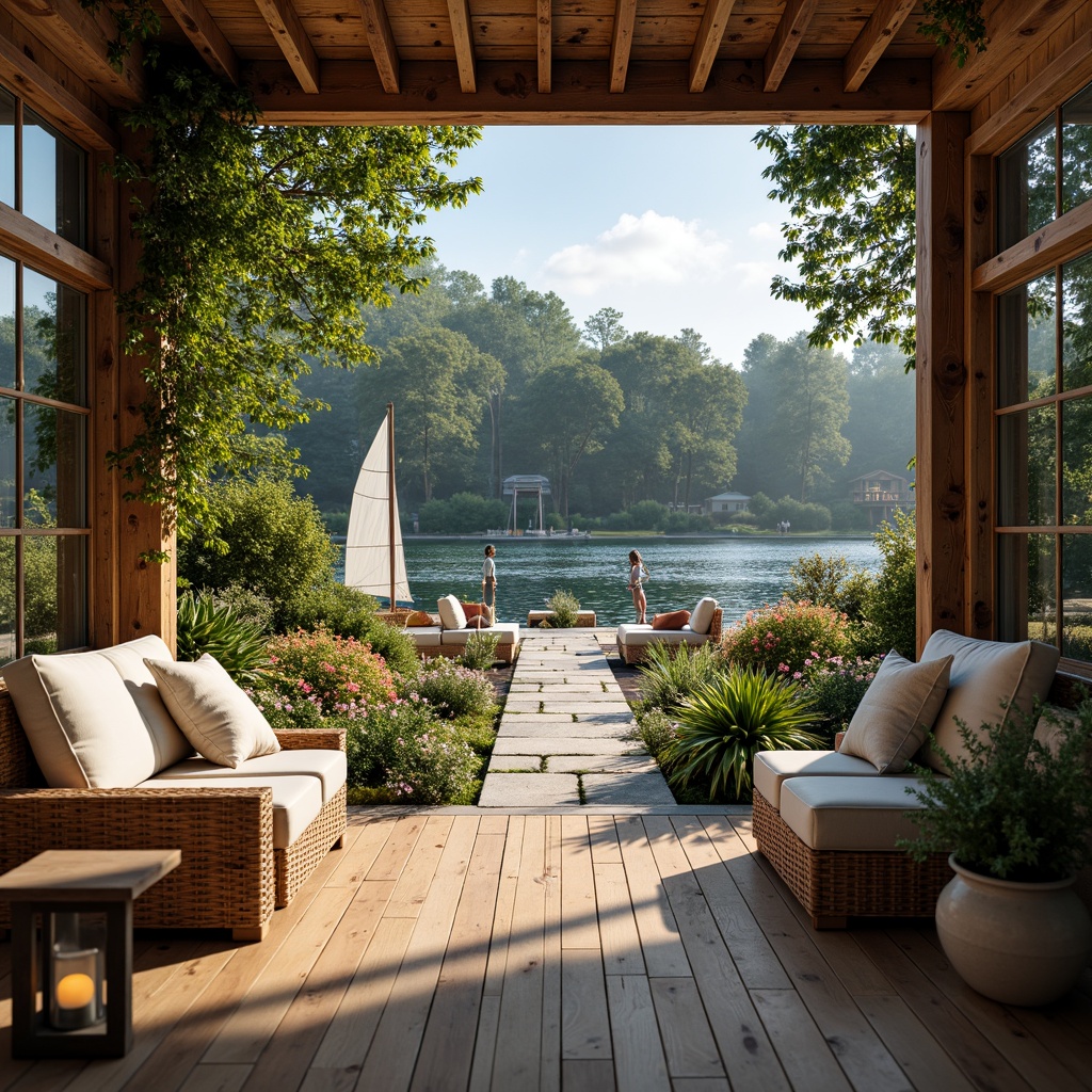 Prompt: Cozy boathouse deck, wooden planks, nautical ropes, sailboat-inspired decor, serene lake views, lush greenery, vibrant flowers, soft cushions, wicker furniture, lantern lighting, natural stone pathways, waterfront access, modern rustic architecture, large windows, glass doors, sunny day, warm atmospheric lighting, shallow depth of field, 3/4 composition, panoramic view, realistic textures, ambient occlusion.