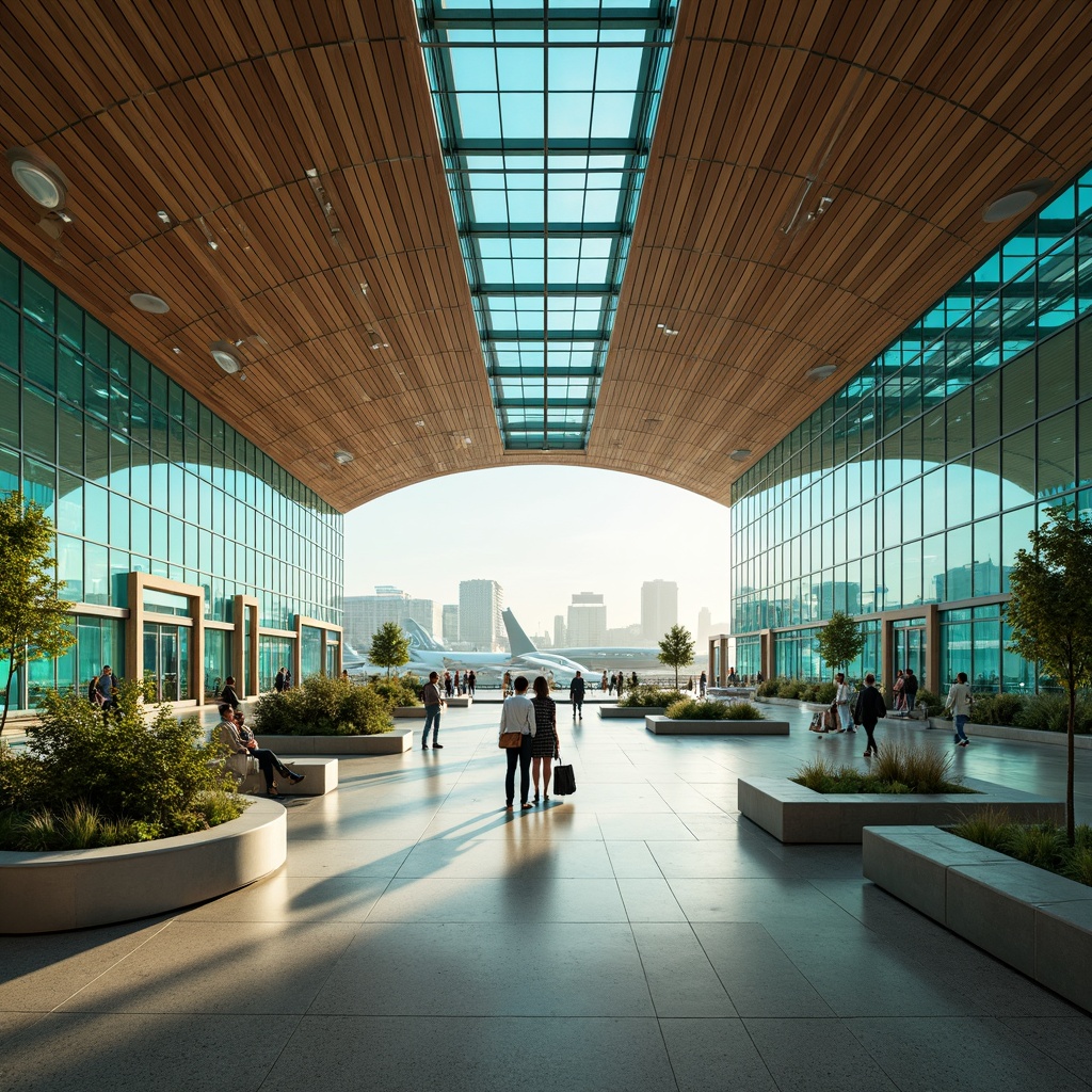 Prompt: Airport terminal, fusion architecture, sleek metal lines, curved glass fa\u00e7ades, vibrant turquoise accents, neutral beige tones, rich walnut wood textures, polished chrome fixtures, modern LED lighting, airy open spaces, dynamic circulation paths, panoramic views, urban cityscape backdrop, soft warm morning light, shallow depth of field, 1/1 composition, realistic reflections, ambient occlusion.