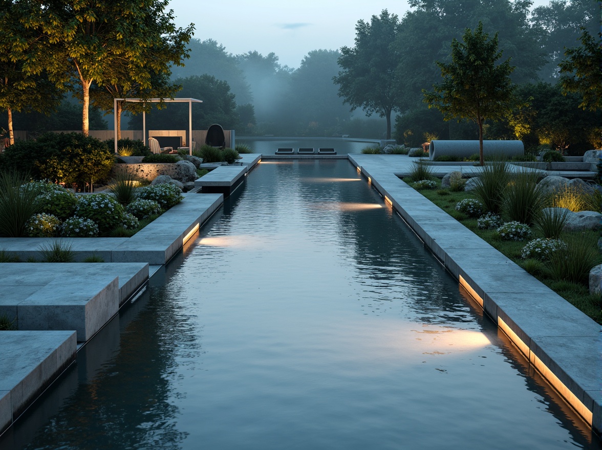 Prompt: Sleek minimalist pool, calm reflective water, subtle ripples, natural stone coping, modern angular lines, simple yet elegant design, soft warm LED lighting, shallow water features, gentle water flow, small stepping stones, lush greenery surrounds, tranquil atmosphere, early morning mist, subtle shadows, 3/4 composition, panoramic view, realistic textures, ambient occlusion.