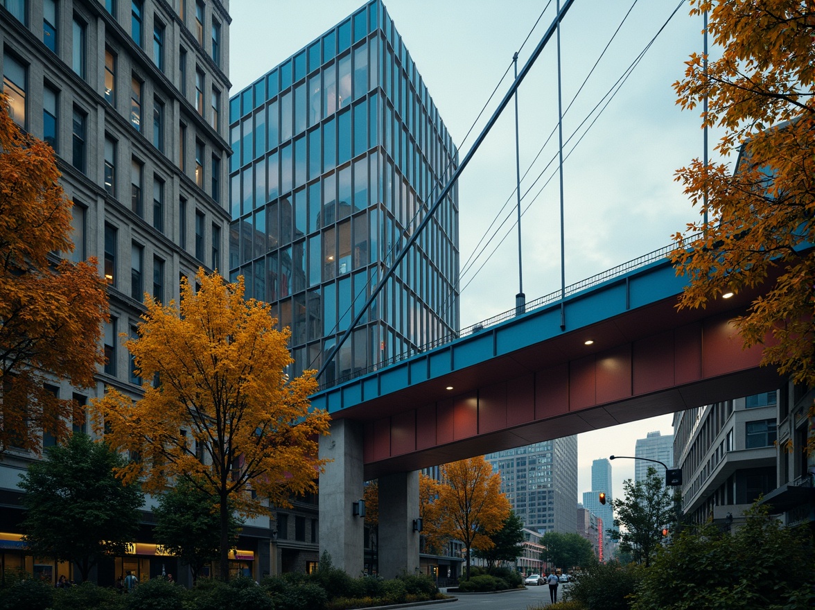 Prompt: Vibrant urban landscape, modern bridge architecture, steel beams, cable suspensions, angular lines, industrial materials, urban jungle, misty atmosphere, soft warm lighting, 3/4 composition, realistic textures, ambient occlusion, bold color scheme, bright primary colors, deep blues, fiery oranges, energetic yellows, contrasting hues, harmonious palette, visual balance.